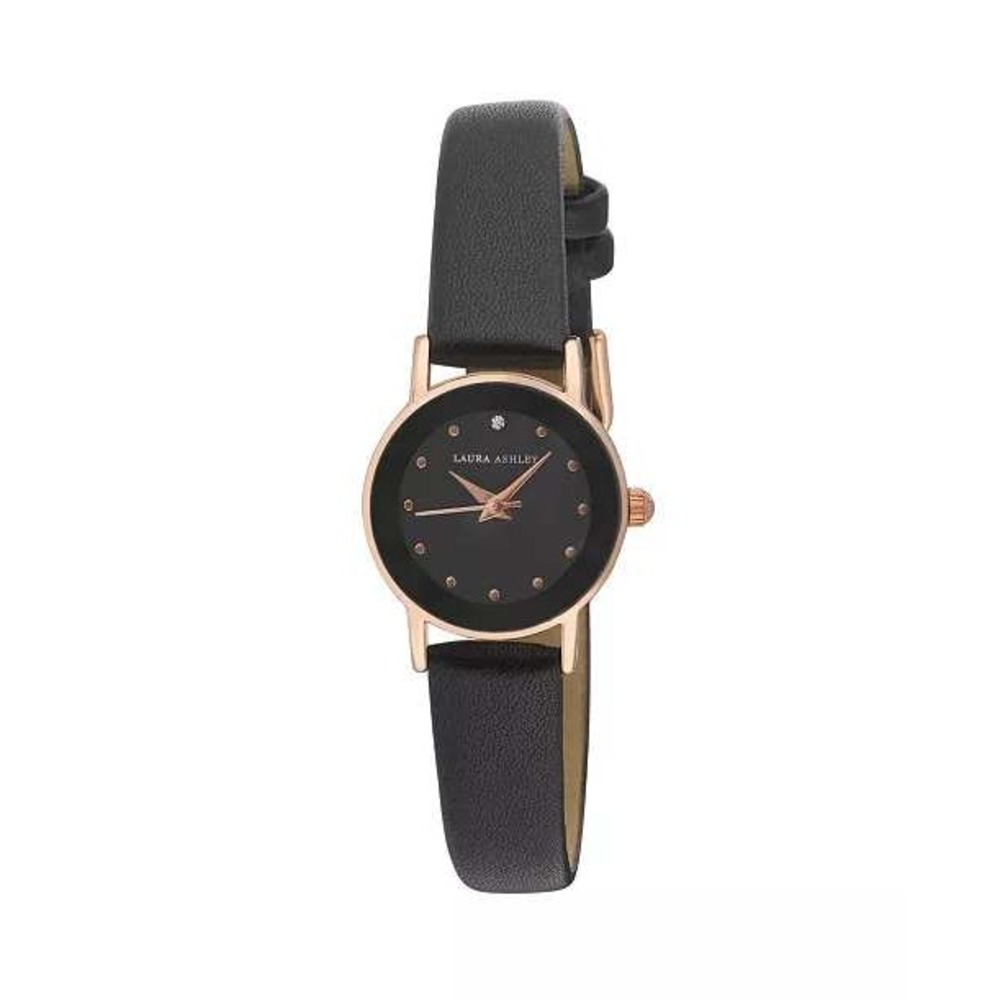 Laura Ashley Women Watch Rose Gold Black Faux Leather Strap LA3002BK‎ 24mm